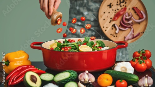 A hand is seen seasoning and adding halved cherry tomatoes to a pot filled with various vegetables, signifying the preparation of a delicious and colorful meal. photo