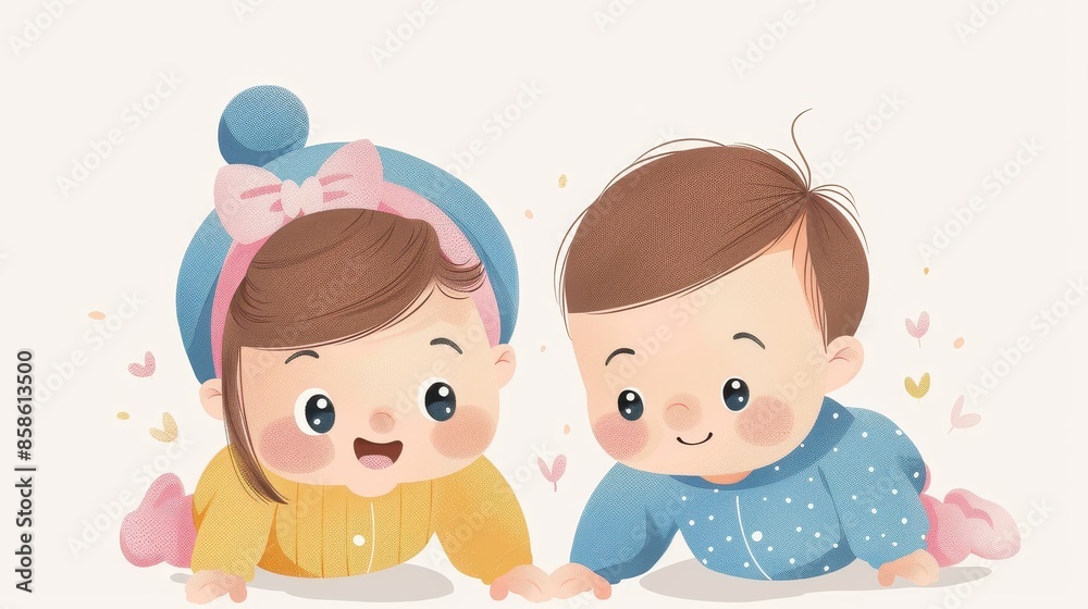 A charming illustration featuring two adorable babies playing and crawling on the floor, capturing a joyful and innocent moment of early childhood. A charming illustration featuring two adorable babies playing and crawling on the floor, capturing a joyful and innocent moment of early childhood.