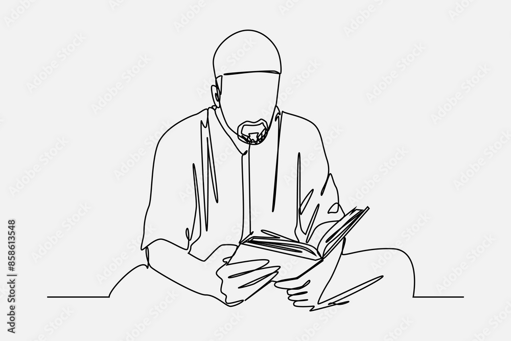 One line drawing of muslim man reading quran. Editable stroke. Vector illustration. One line drawing of muslim man reading quran. Editable stroke. Vector illustration.