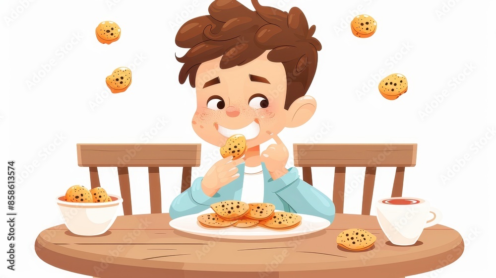 A young boy with tousled brown hair enjoys a variety of chocolate chip cookies while seated at a wooden table. He's smiling and has a mug of coffee beside him, depicting sheer delight. A young boy with tousled brown hair enjoys a variety of chocolate chip cookies while seated at a wooden table. He's smiling and has a mug of coffee beside him, depicting sheer delight.