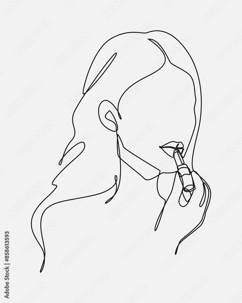 Beautiful woman applying lipstick to her lips with one line drawing style vector illustration. Beautiful woman applying lipstick to her lips with one line drawing style vector illustration.