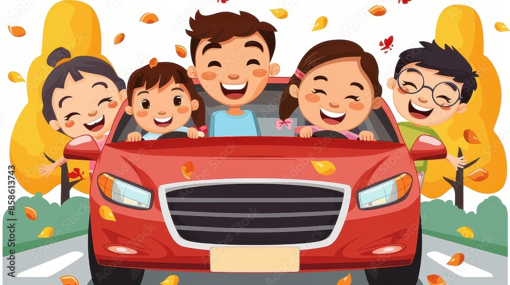A cheerful family enjoying a road trip together in a car, set against a backdrop of autumn with falling leaves, depicting joy and togetherness in a colorful cartoon style. A cheerful family enjoying a road trip together in a car, set against a backdrop of autumn with falling leaves, depicting joy and togetherness in a colorful cartoon style.