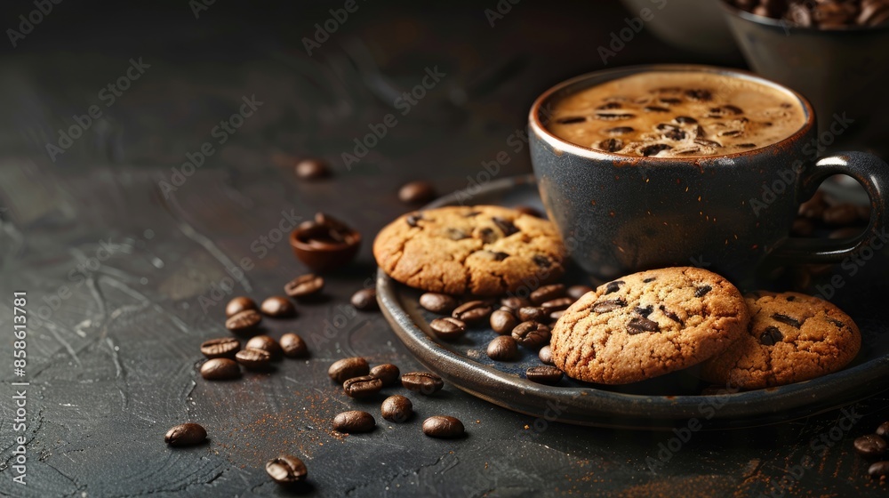 Coffee cup with cookies and coffee beans on dark rustic surface with room for text in toned lighting Coffee cup with cookies and coffee beans on dark rustic surface with room for text in toned lighting