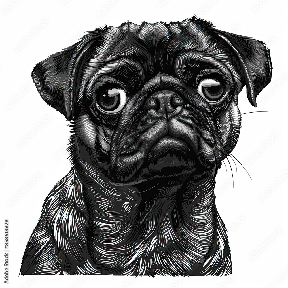 A black and white drawing of a pug dog A black and white drawing of a pug dog