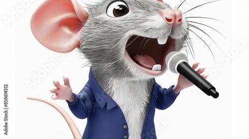 An animated mouse character, dressed in a blue suit, is singing passionately into a microphone. The background is white, and the mouse's large ears are prominent and expressive. photo