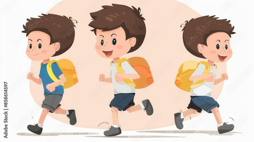 Three cartoon boys are joyfully running with their backpacks on a sandy path, highlighting their shared adventure and the excitement of school or playground activities. Three cartoon boys are joyfully running with their backpacks on a sandy path, highlighting their shared adventure and the excitement of school or playground activities.