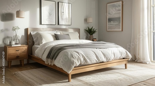 Modern Bedroom Decor - Light wood bed frame with white linens, grey throw pillows, a minimalist nightstand, and a simple lamp