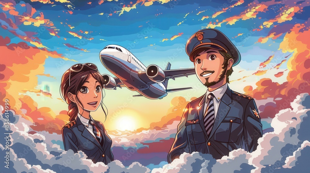 A colorful image showcasing a male and female pilot in uniform standing ...