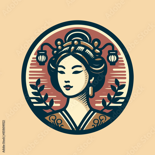 Beautiful Chinese woman vintage emblem vector illustration