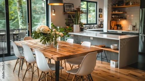 Modern Dining Set - Light wood table with black metal legs, white chairs with light wood legs, and a simple centerpiece of fresh flowers