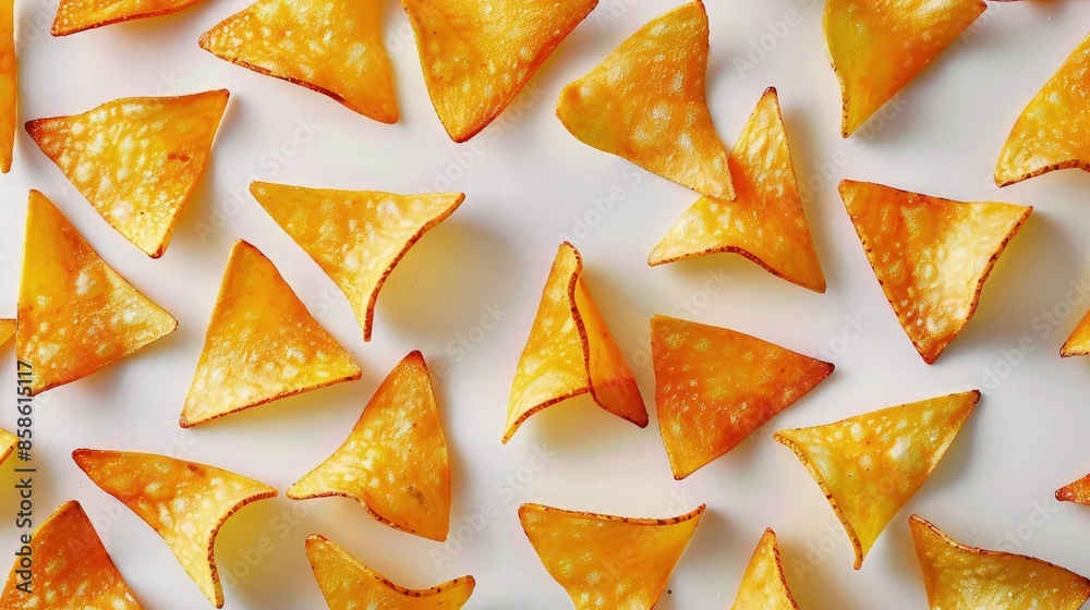 Potato chips fashioned in the shape of small triangles, each chip a perfect geometric shape, crispy and light golden, presented on a white background. Potato chips fashioned in the shape of small triangles, each chip a perfect geometric shape, crispy and light golden, presented on a white background.