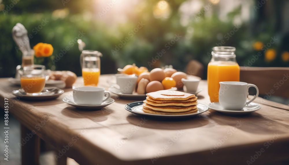 A summer outdoor breakfast table on a patio. The breakfast menu includes pancakes, eggs, orange juice, coffee, and tea. A summer outdoor breakfast table on a patio. The breakfast menu includes pancakes, eggs, orange juice, coffee, and tea.