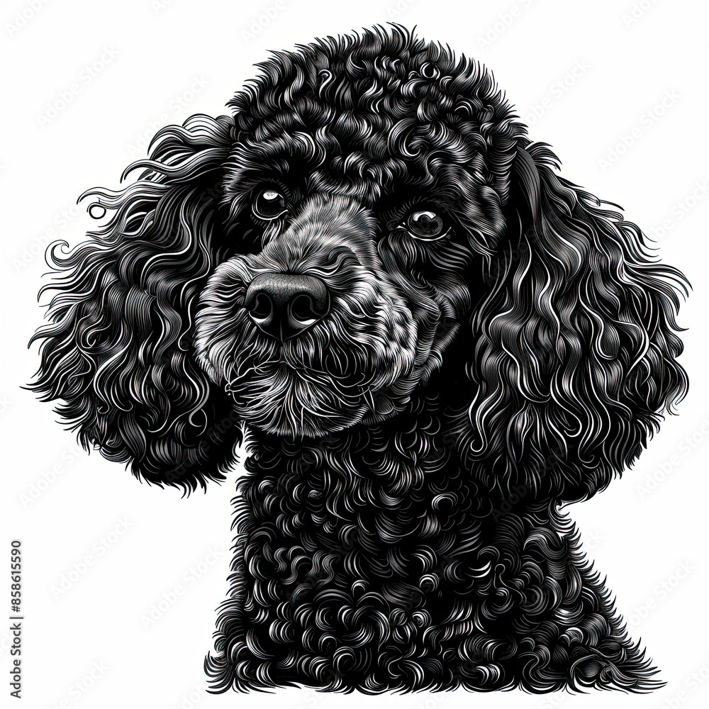 A black and white drawing of a poodle dog A black and white drawing of a poodle dog