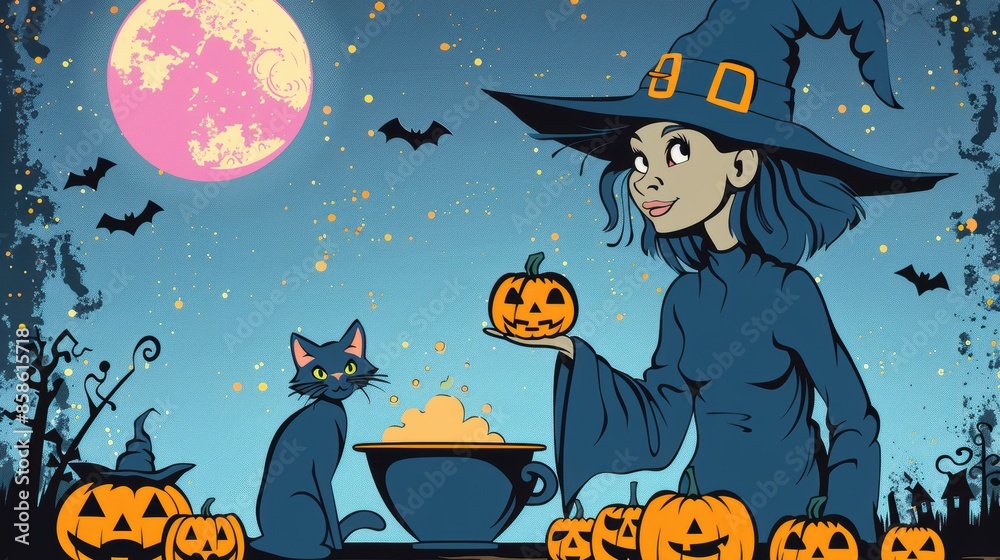 An illustrated Halloween scene featuring a witch in a pointed hat holding a carved pumpkin, with a black cat and several other pumpkins and bats, creating a spooky ambiance. An illustrated Halloween scene featuring a witch in a pointed hat holding a carved pumpkin, with a black cat and several other pumpkins and bats, creating a spooky ambiance.
