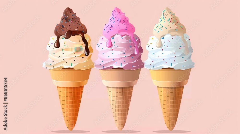 Three scoops of colorful ice cream with various toppings set against a light pink background. Each scoop has a different flavor and is decorated with sprinkles and toppings. Three scoops of colorful ice cream with various toppings set against a light pink background. Each scoop has a different flavor and is decorated with sprinkles and toppings.