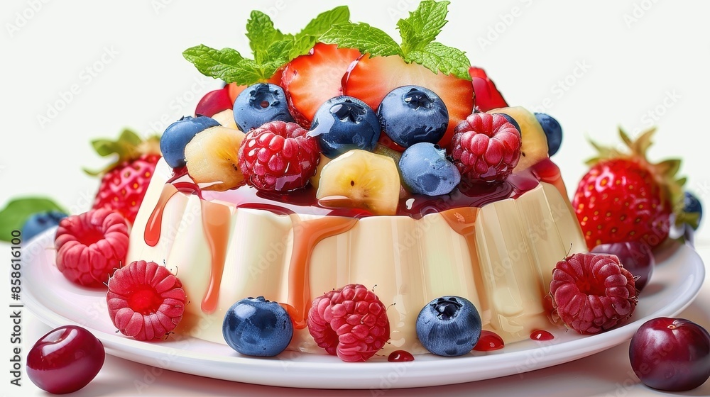 A scrumptious fresh fruit flan garnished with assorted berries such as blueberries, raspberries, and strawberries, topped with a drizzle of fruit syrup and fresh mint.