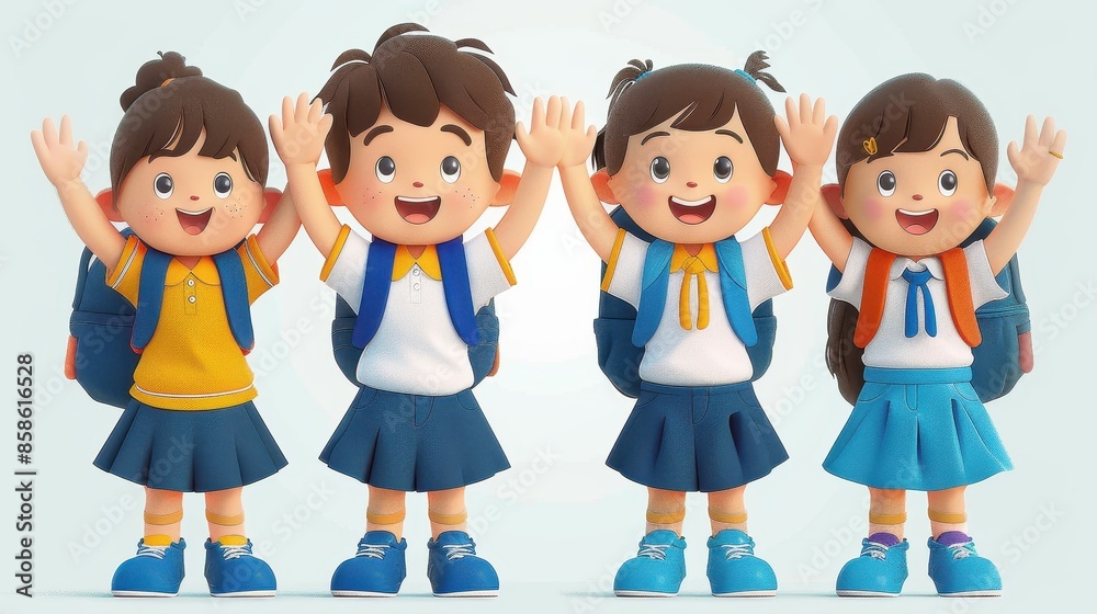Four schoolgirls, all dressed in matching uniforms and backpacks, stand side by side with their arms raised, expressing their joy and camaraderie. They appear excited and ready for school.