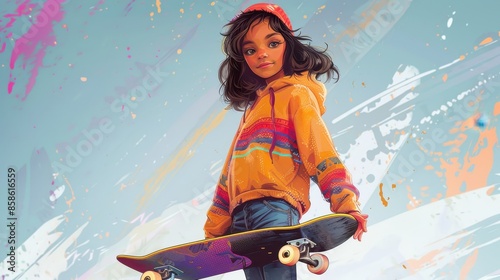 Vibrant and dynamic illustration of a young girl holding a skateboard, dressed in a colorful hoodie, capturing the essence of youth and creativity.