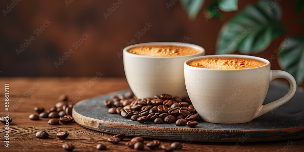 Two white coffee cups filled with frothy coffee, surrounded by scattered coffee beans on a wooden surface, with a warm, neutral background. Perfect for coffee and cozy moments themes. Two white coffee cups filled with frothy coffee, surrounded by scattered coffee beans on a wooden surface, with a warm, neutral background. Perfect for coffee and cozy moments themes.