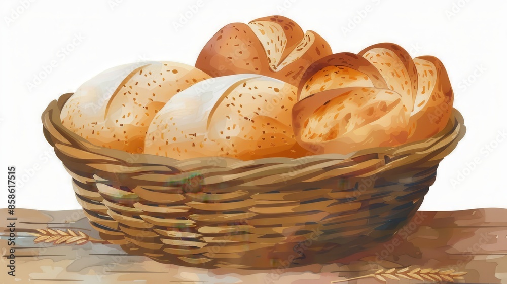 A wicker basket filled with a selection of freshly baked bread rolls and loaves, showcasing a unique blend of textures and golden-brown crusts, perfect for any meal occasion. A wicker basket filled with a selection of freshly baked bread rolls and loaves, showcasing a unique blend of textures and golden-brown crusts, perfect for any meal occasion.