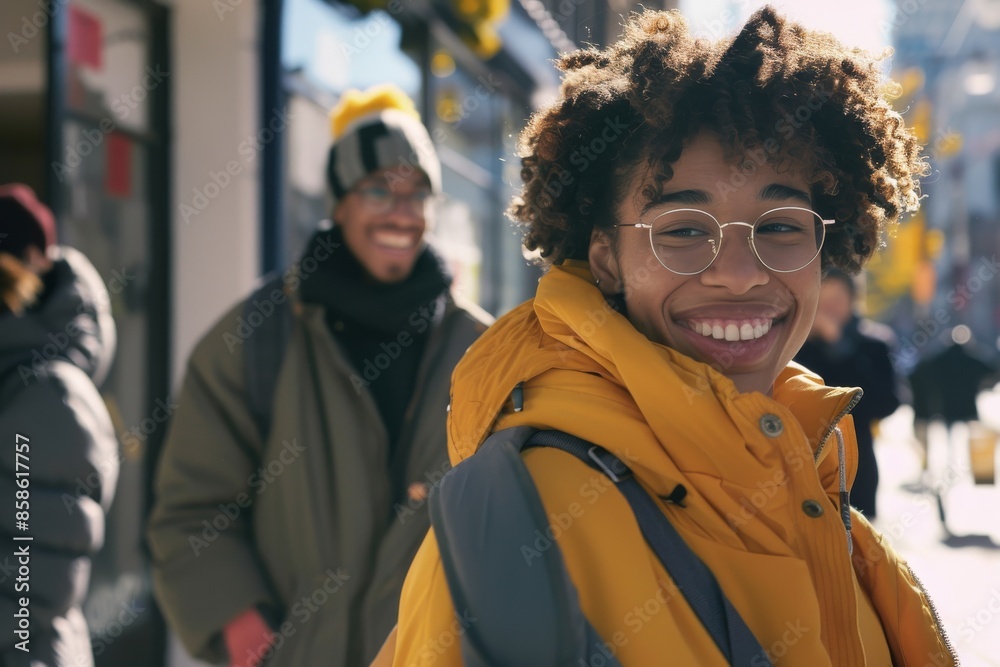 Portrait of smiling african american woman in yellow jacket and eyeglasses on city street Portrait of smiling african american woman in yellow jacket and eyeglasses on city street
