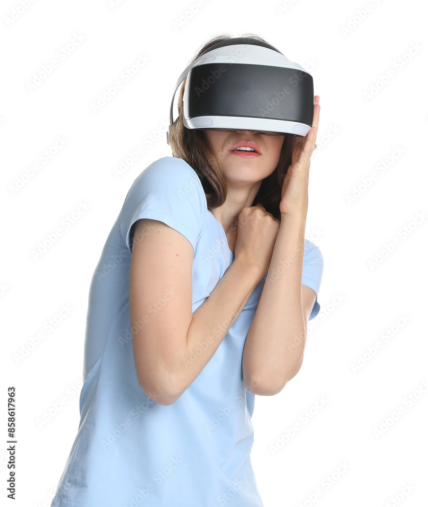 Woman using virtual reality headset on white background Woman using virtual reality headset on white background