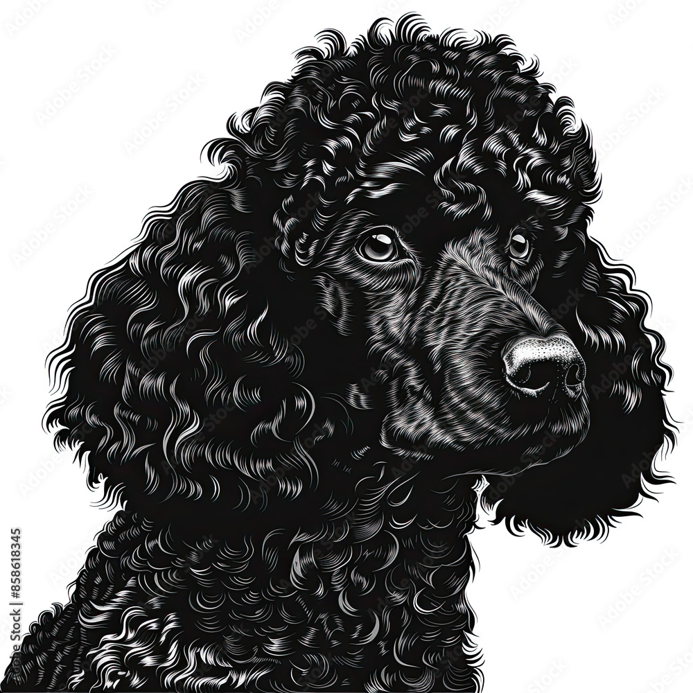 A black and white drawing of a poodle dog A black and white drawing of a poodle dog