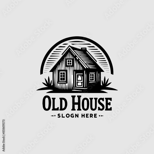 Rural landscape with old farmhouse and garden. Hand drawn illustration in vintage style. Vector design