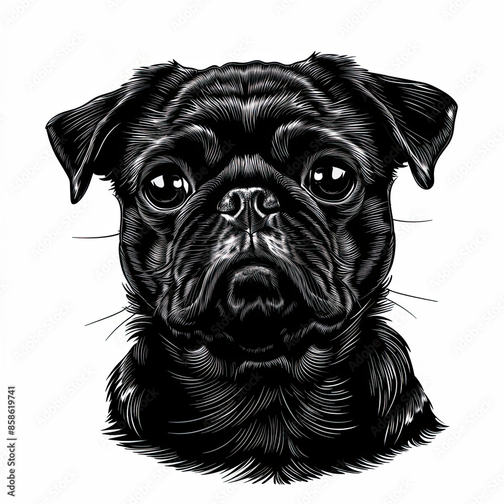 A black and white drawing of a pug dog A black and white drawing of a pug dog