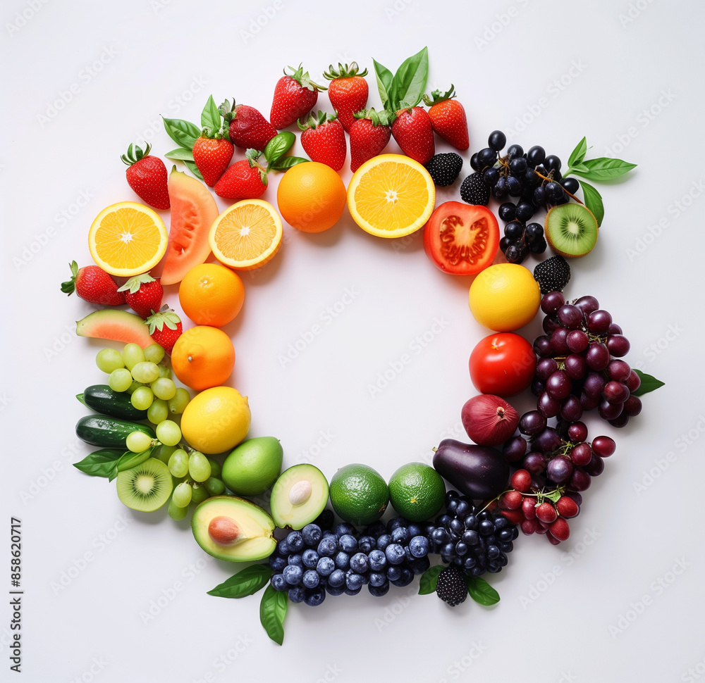 colorful fruits and vegetables arranged in an arc shape, forming a rainbow-like color scheme on a white background.Minimal creative food concept.Flat lay colorful fruits and vegetables arranged in an arc shape, forming a rainbow-like color scheme on a white background.Minimal creative food concept.Flat lay