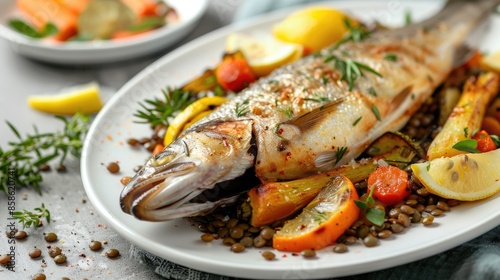 Baked fish and vegetables with lentils served on a white plate with herbs and lemon