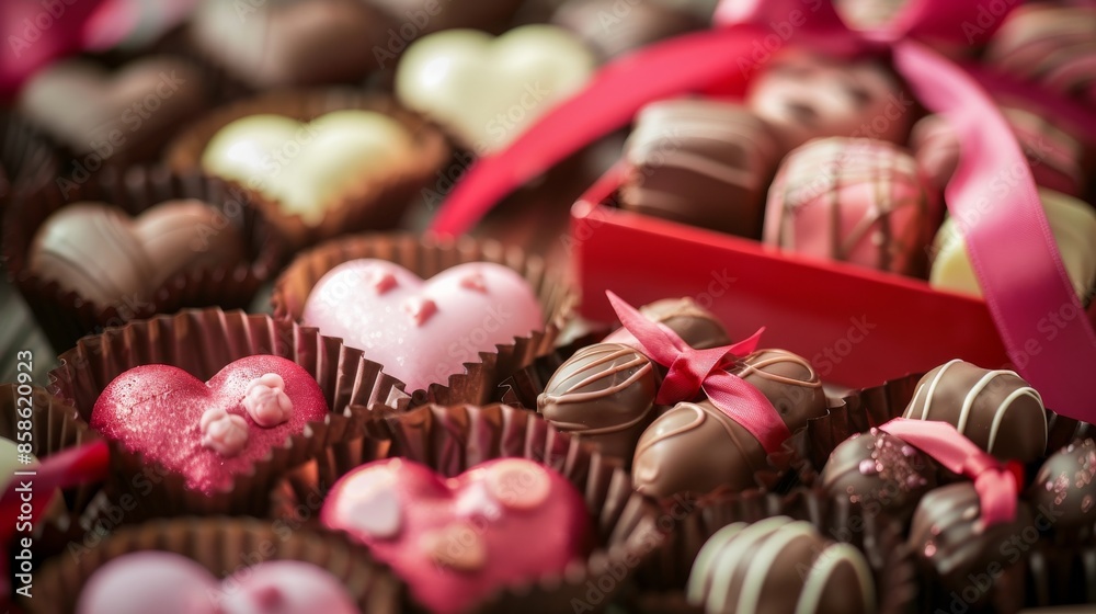 Assorted heart-shaped chocolates with red ribbons, close-up view. Valentine's day and love concept Assorted heart-shaped chocolates with red ribbons, close-up view. Valentine's day and love concept