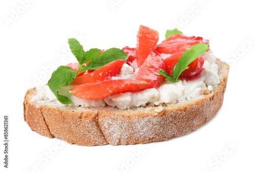 Delicious bruschetta with fresh ricotta (cream cheese), strawberry and mint isolated on white