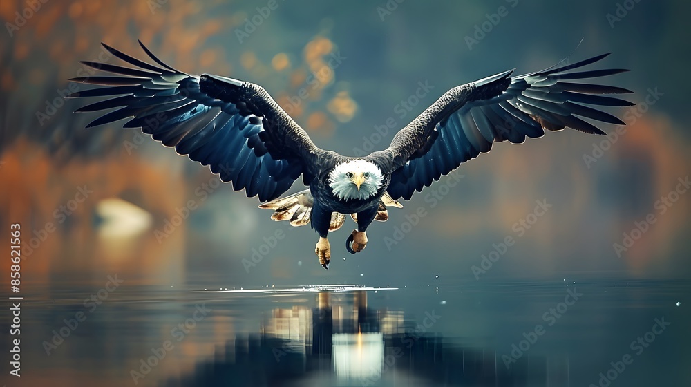 Obraz premium Eagle flying flush with water. 