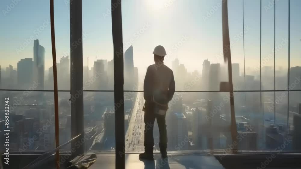A young male construction worker, likely American, stands on a high-rise under construction, wearing a hard hat and safety gear. The image captures him watching the sunrise over a city skyline. A young male construction worker, likely American, stands on a high-rise under construction, wearing a hard hat and safety gear. The image captures him watching the sunrise over a city skyline.