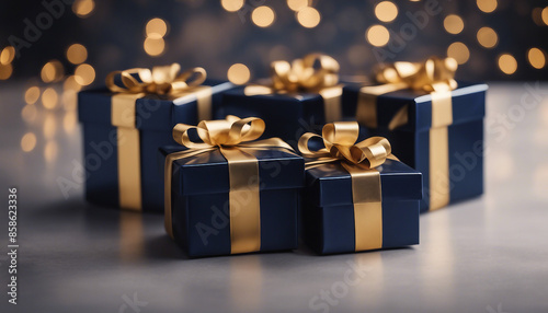 The gift packs are navy blue in color and are wrapped in gold ribbon, evoking a celebratory atmosphere. photo