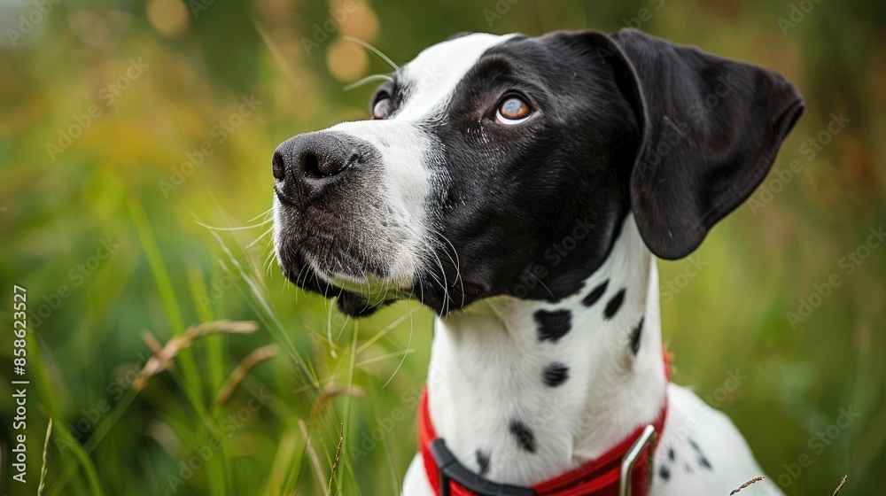 White and black dog puppy with red collar in grass closeup portrait White and black dog puppy with red collar in grass closeup portrait