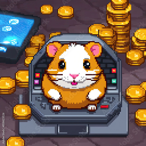 pixel art a cute hamster with coins photo