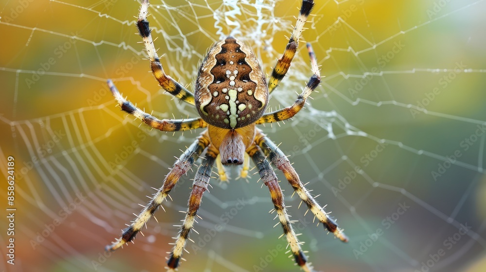 Close up image of a garden spider under its web Close up image of a garden spider under its web