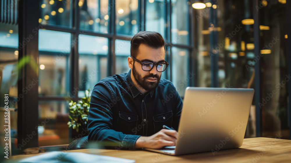 portrait of  Social Media Manager working in modern office, smiling man in office 