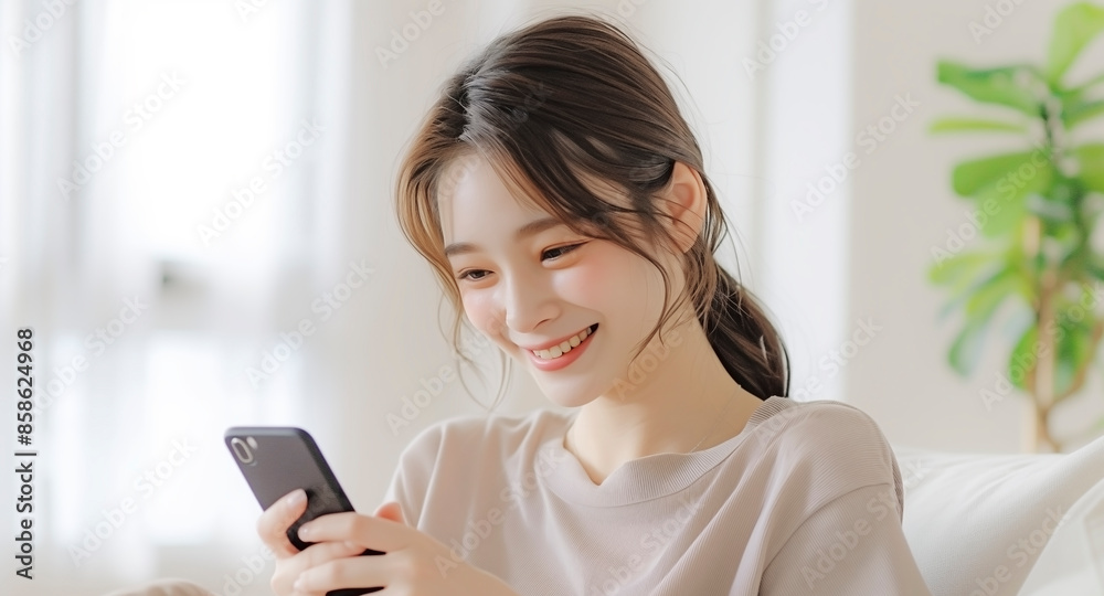リビングでスマートフォンを使う若い女性