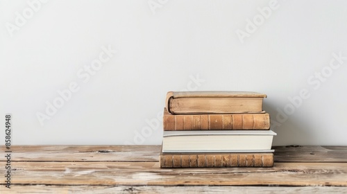 Book on wooden table with white wall background Education concept poster with copy space photo
