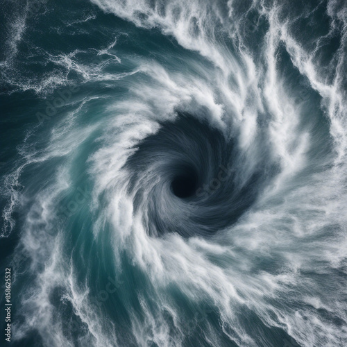 A deep whirlpool in the ocean during a storm.
