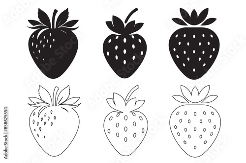A collection of strawberry silhouettes in various shapes, presented as an isolated vector illustration.