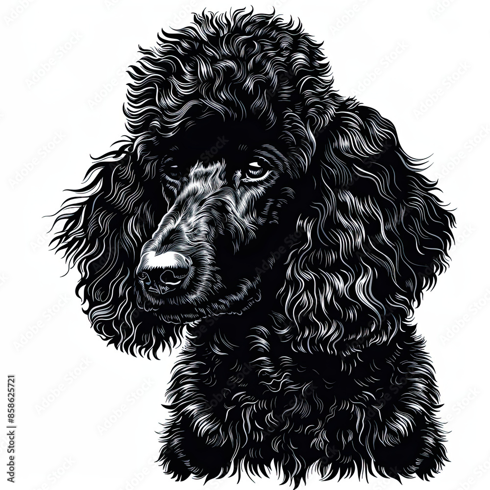 A black and white drawing of a poodle dog A black and white drawing of a poodle dog