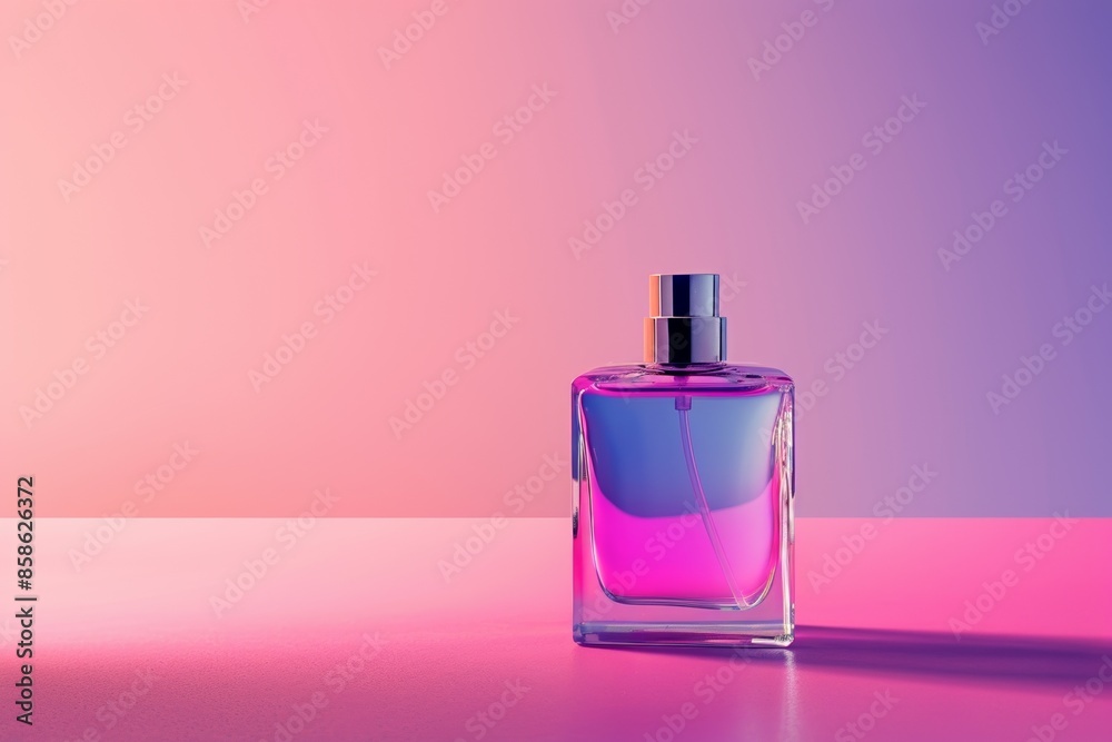Perfume bottle with pink and purple gradient background, side angle Perfume bottle with pink and purple gradient background, side angle