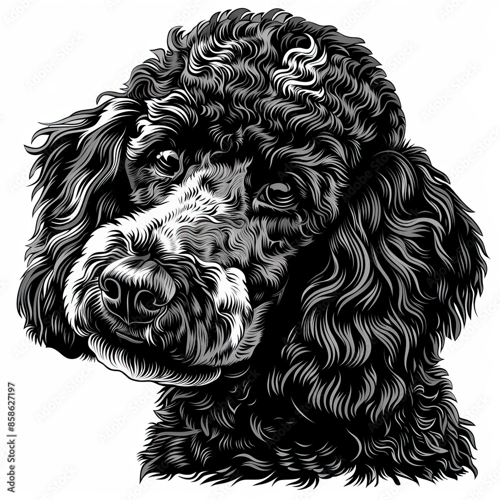 A black and white drawing of a poodle dog A black and white drawing of a poodle dog