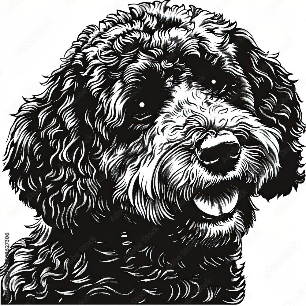 A black and white drawing of a poodle dog A black and white drawing of a poodle dog