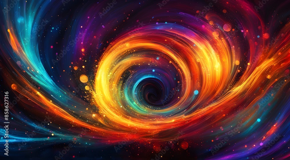 A colorful swirl of light and fire with a bright orange center A colorful swirl of light and fire with a bright orange center