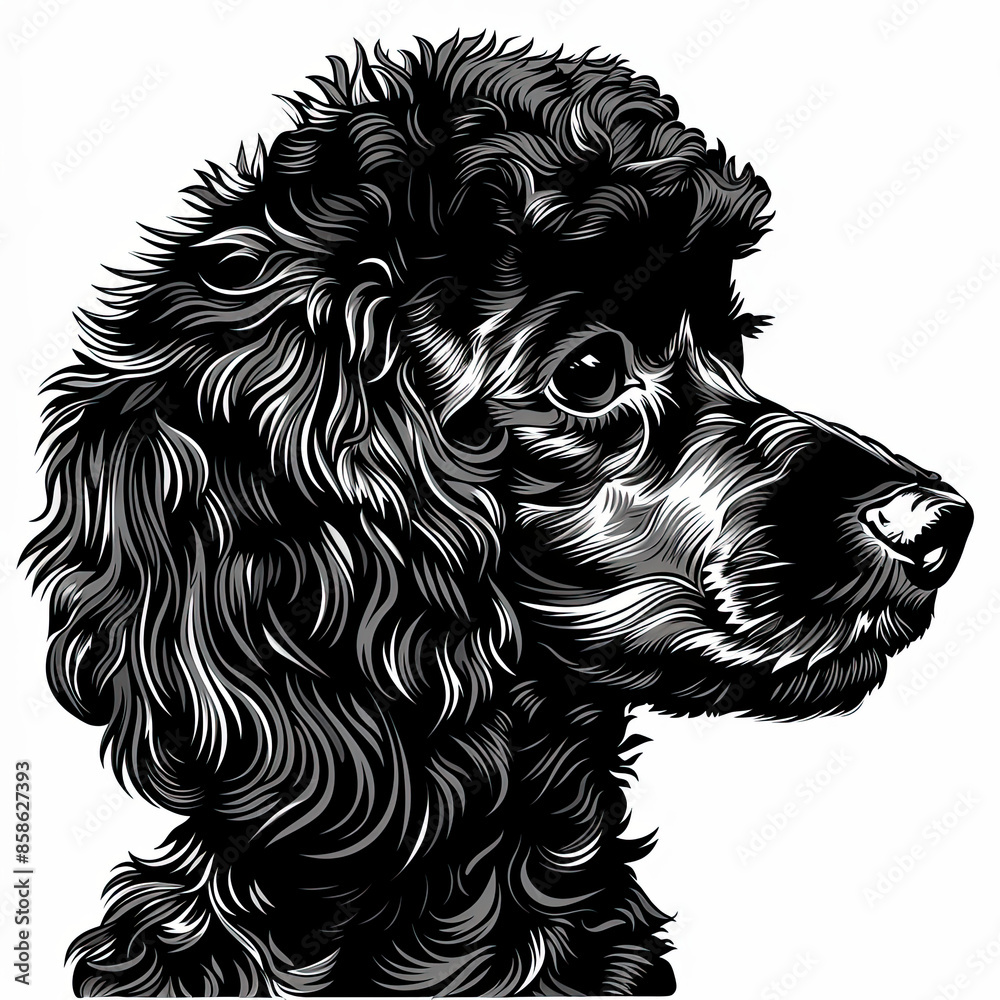 A black and white drawing of a poodle dog A black and white drawing of a poodle dog